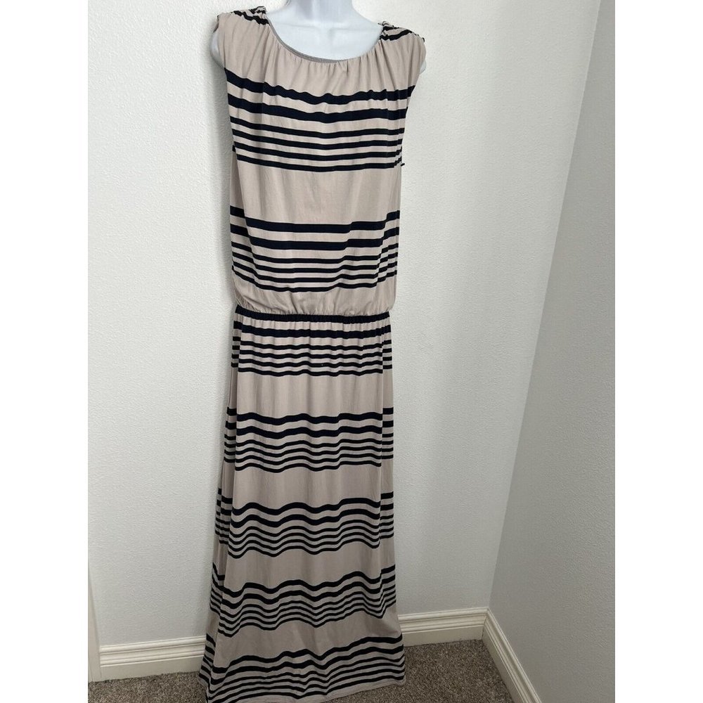 garnet hill Women’s Maxi dress Size Blue Tan Stripe Stretch Knit French Sleeve